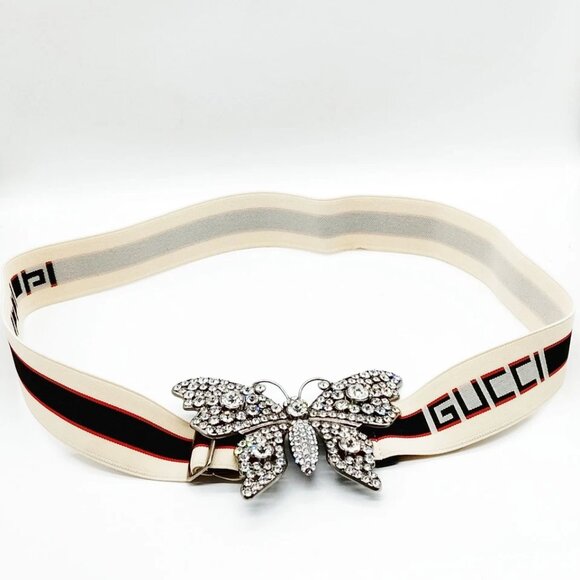 Gucci Belt Whites Cotton Metal Rhinestone 450-081425 - Picture 1 of 9